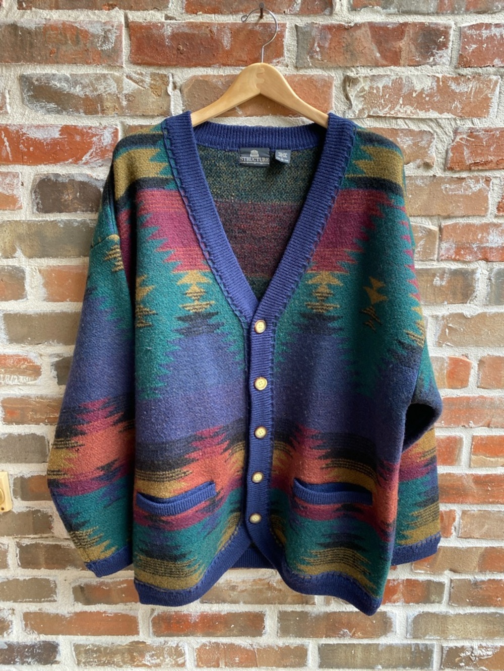 Structure Southwestern Patterned Cardigan - Navy, Teal, Rust, Mustard